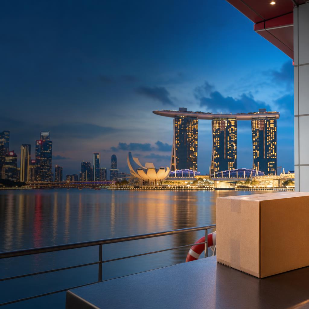 Singapore skyline at Marina Bay with a parcel ready for international forwarding